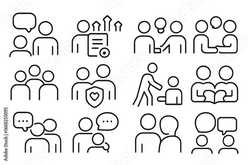 Peer Mentoring Icons. Outline icon set of peer mentoring: advice icon, shared notes, encouragement arrows,
