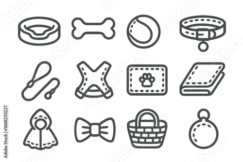 Pet Accessory Icons. Outline icon set of felt pet accessories: pet bed, toy bone, ball, collar, leash, harness