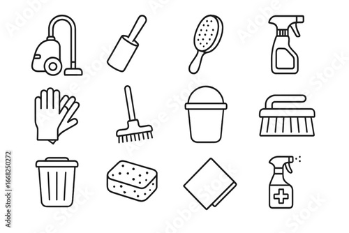 Pet Cleaning Icons. Outline icon set of pet-friendly cleaning tips: vacuum cleaner, lint roller, pet brush,