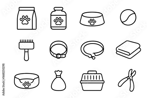 Pet Care Essentials. Outline icon set of pet care supplies at workplace: food bag, treat jar, water bowl, toy