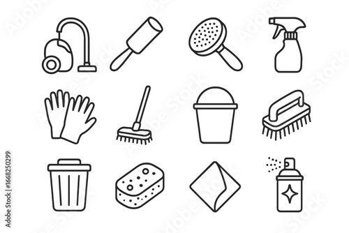 Pet Cleaning Icons. Outline icon set of pet-friendly cleaning tips: vacuum cleaner, lint roller, pet brush,