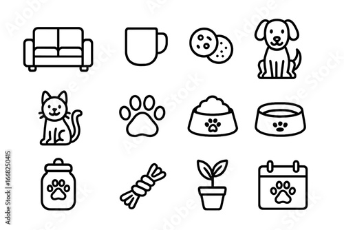 Pet-Friendly Break Room Icons. Outline icon set of pet-friendly break rooms: sofa, coffee mug, snack plate,