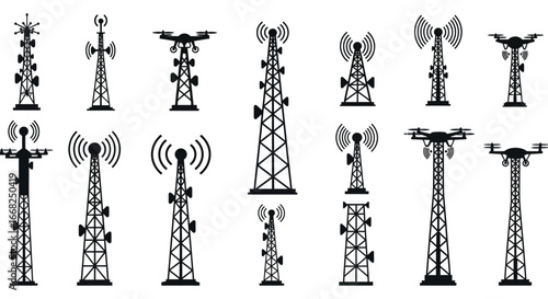 Collection of various cell phone towers and communication antennas on white background