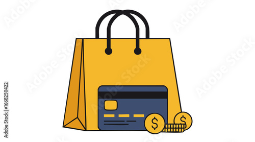Flat vector illustration of ecommerce shopping bag with gold coins and credit card, online business, digital payment, online shopping, financial growth, flat minimal cartoon style, clean vector design