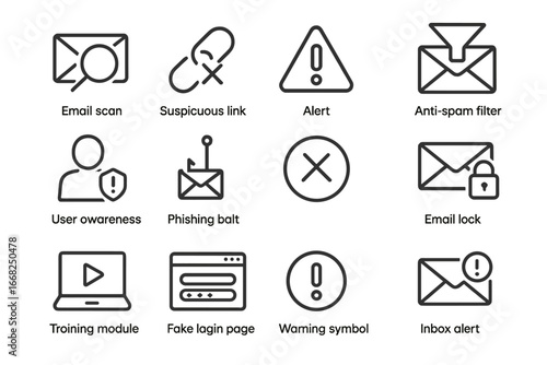 Phishing Prevention Icons. Outline icon set of phishing prevention tools: email scan, suspicious link icon,