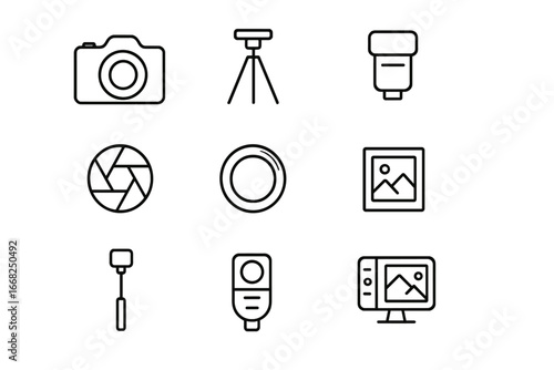 Photography Icon Set. Outline icon set of creative photography: camera, tripod, lens, flash, aperture, shutter