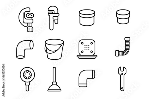 Pipe Repair Icon Set. Outline icon set of domestic pipe repair tools: pipe cutter, plumber wrench, sealing