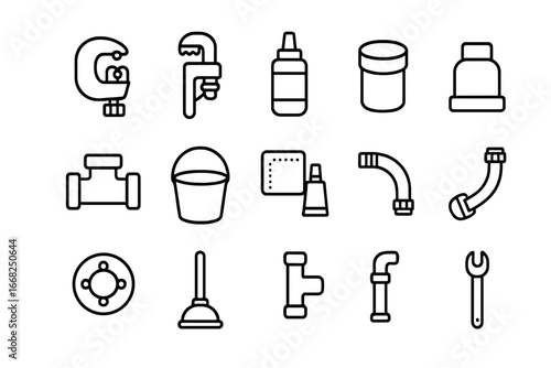 Pipe Repair Icon Set. Outline icon set of domestic pipe repair tools: pipe cutter, plumber wrench, sealing