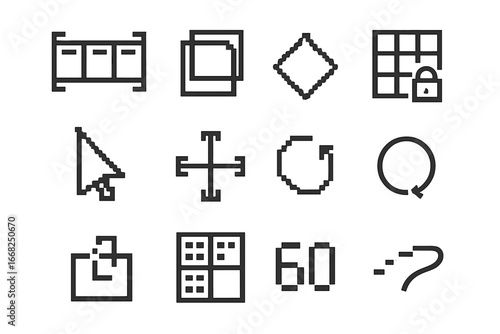 Pixel Animation Tools Icons. Outline icon set of pixel-based animation tools: frame timeline, pixel onion skin
