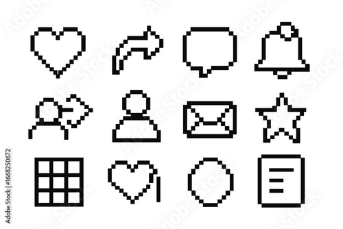 Pixel Social Media Icons. Outline icon set of pixel social media icons: heart pixel, share arrow, comment