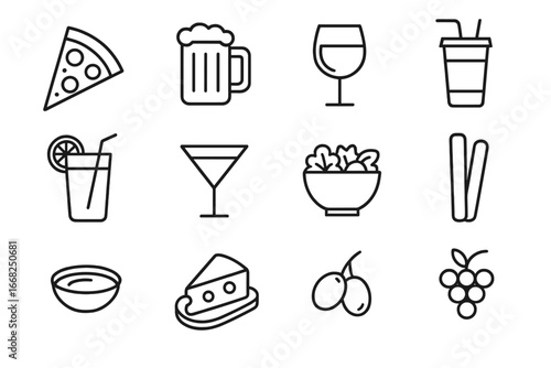 Pizza and Drinks Icons. Outline icon set of pizza and drinks pairing: pizza slice, beer mug, wine glass, soda