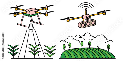 Pink and yellow drones flying over green crops and a farm field with trees and clouds quadcopter