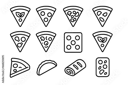 Pizza Icon Grid. Outline icon set of pizza styles: Margherita slice, Pepperoni slice, Veggie slice, Hawaiian