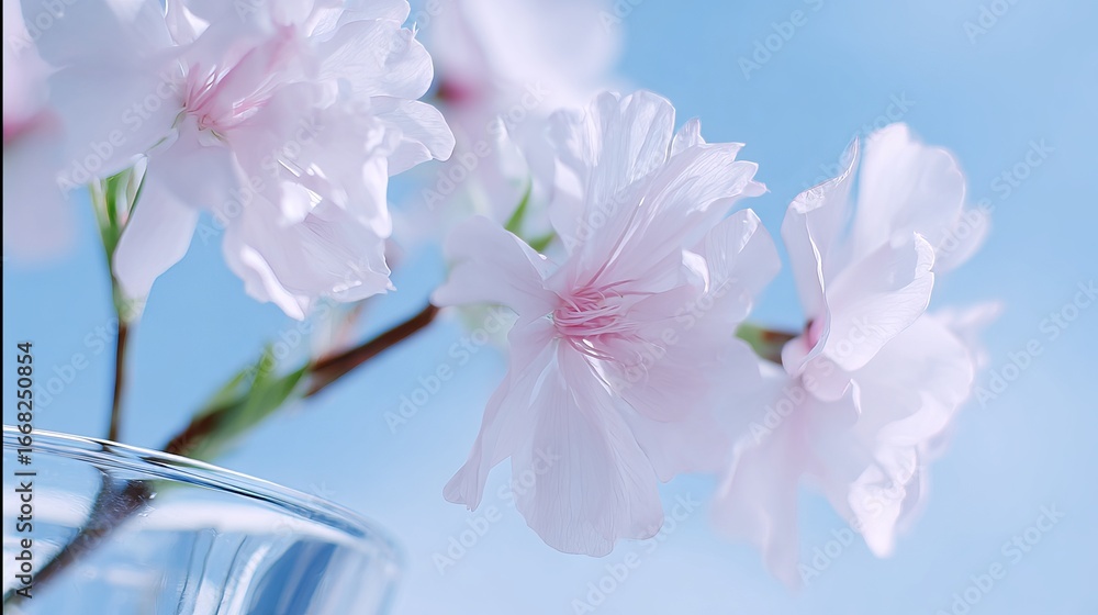 Obraz premium Delicate pink cherry blossoms in a clear glass vase against a soft blue background, showcasing the beauty of nature and floral elegance in a serene atmosphere