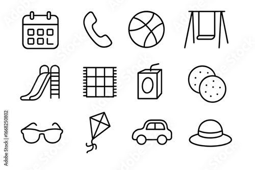 Playdate Icon Set. Outline icon set of organizing playdates: calendar, phone, ball, swing, slides, picnic