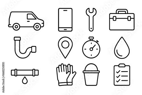 Plumber Service Icons. Outline icon set of mobile plumber service: van, phone, wrench, toolbox, pipe, location