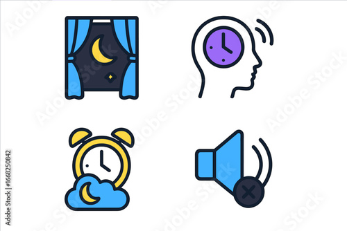 Sleep, time, and sound settings icons: moon window, head clock, alarm cloud, muted speaker
