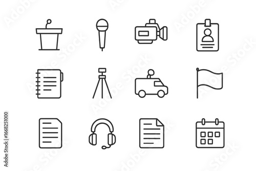 Political Event Icon Set. Outline icon set of political event coverage: podium, microphone, camera, press pass
