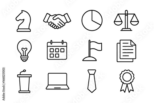 Political Symbol Icons. Outline icon set of political maneuvering at work: chess piece, handshake, pie chart,