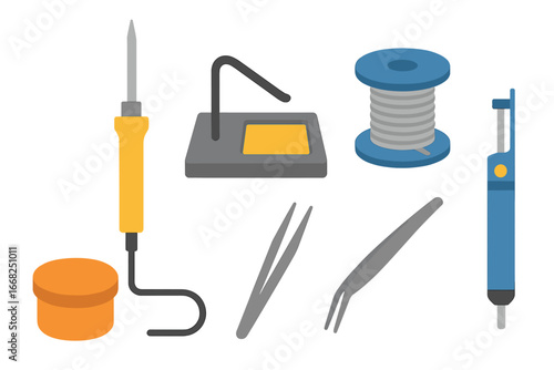 Soldering iron, wire, tweezers, and station for electronics repair and crafting projects