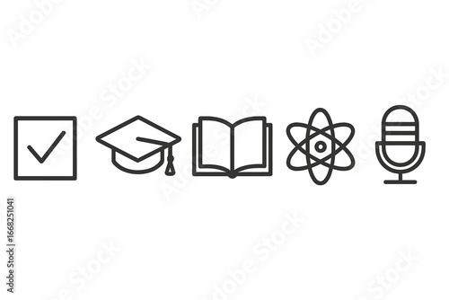 Five educational and research icons: checkmark, graduation cap, book, atom, microphone