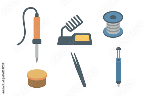Soldering iron, stand, wire, tweezers, and flux sponge for electronics repair and crafting