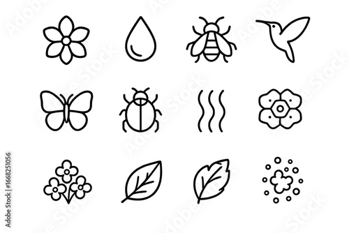 Pollinator Icon Grid. Outline icon set of attracting pollinators: bright petal, nectar drop, bee, butterfly,