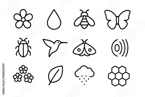 Pollinator Icon Grid. Outline icon set of attracting pollinators: bright petal, nectar drop, bee, butterfly,