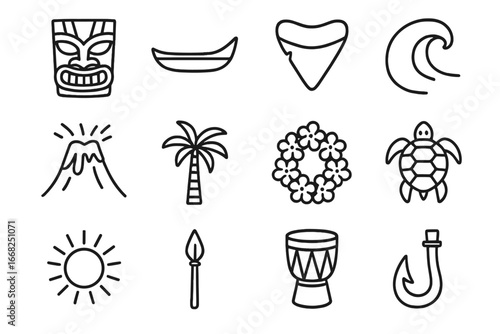 Polynesian Icon Set. Outline icon set of Polynesian mythology stories: tiki face, canoe, shark tooth, wave,