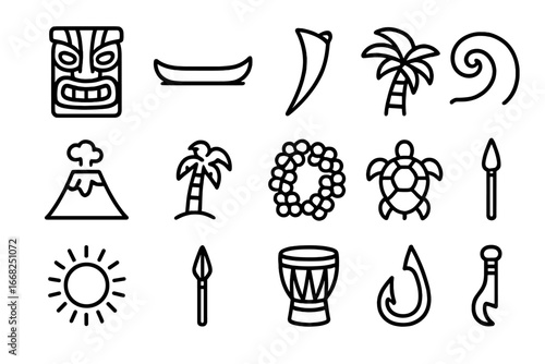 Polynesian Icon Set. Outline icon set of Polynesian mythology stories: tiki face, canoe, shark tooth, wave,