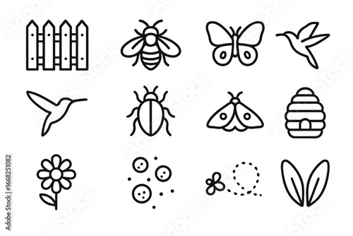 Pollinators Icon Grid. Outline icon set of bees and pollinators near fences: honeybee, bumblebee, butterfly,