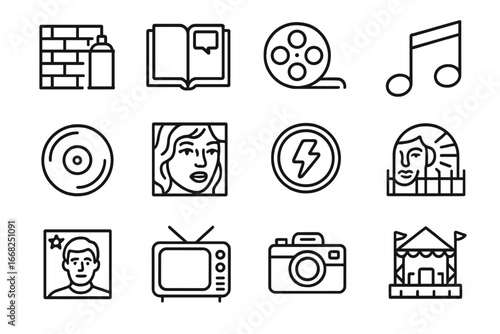 Pop Culture Icon Grid. Outline icon set of art in pop culture: graffiti wall, comic book, film reel, music