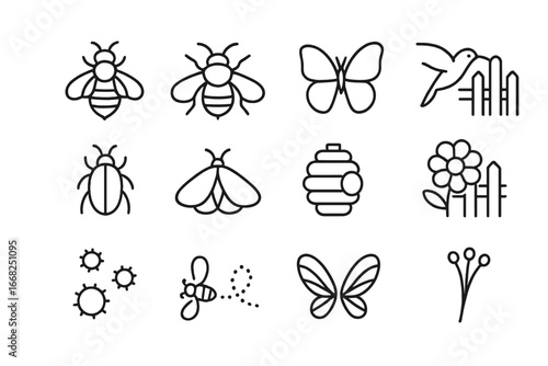Pollinators Icon Grid. Outline icon set of bees and pollinators near fences: honeybee, bumblebee, butterfly,