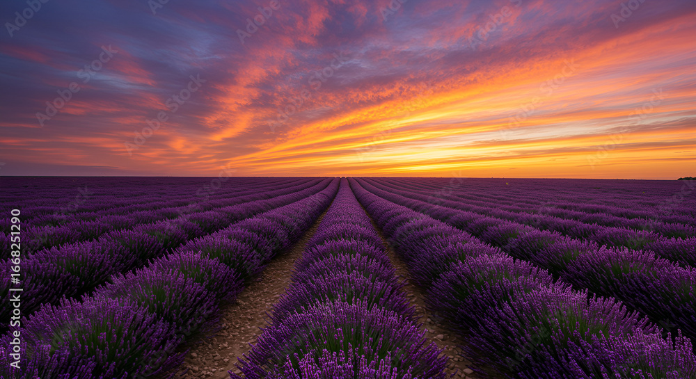 Obraz premium Blooming lavender field under a vibrant sunset sky, showcasing purple flowers and serene natural beauty in a stunning landscape. 