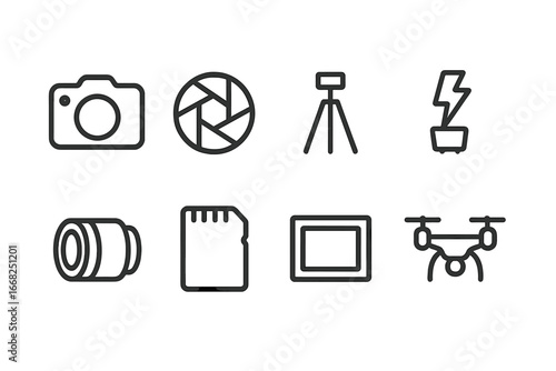 Photography and videography equipment icons: camera, lens, tripod, SD card, drone