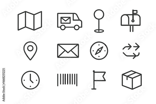 Postal Icons Grid. Outline icon set of postal service delivery route: map, mail truck, stop marker, mailbox,