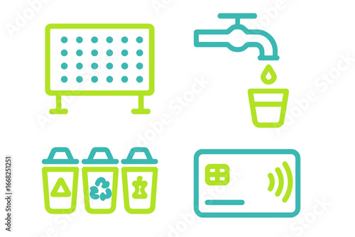 Recycling, water, and contactless payment icons with grid pattern