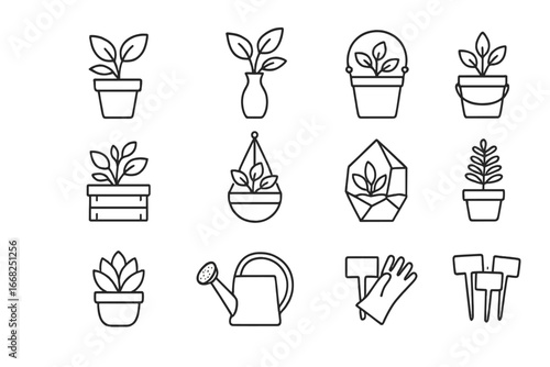 Potted Plant Icons. Outline icon set of potted plant styles: terracotta pot, ceramic vase, metal bucket,