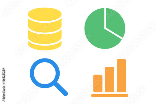 Collection of four flat icons representing financial data analysis, including coins, pie chart, magnifying glass, and bar graph for business and finance concepts