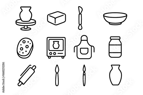 Pottery Tool Icons. Outline icon set of pottery and ceramics: pottery wheel, clay block, sculpting tool, water