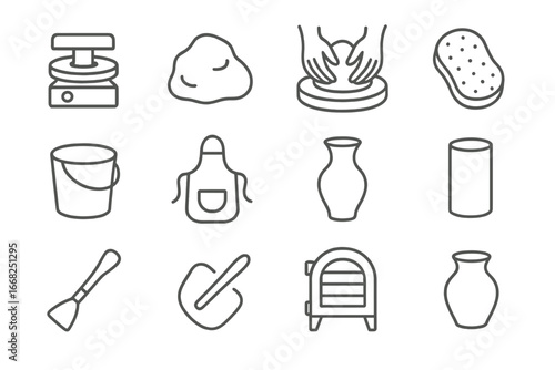 Pottery Icon Collection. Outline icon set of wheel throwing pottery: pottery wheel, clay lump, hands shaping,