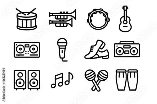 Pride Parade Icons. Outline icon set of pride parade music and dance: marching drums, trumpets, tambourines,