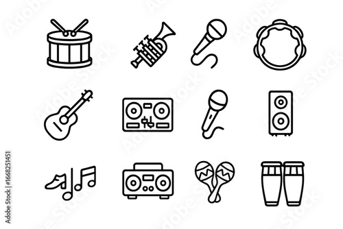 Pride Parade Icons. Outline icon set of pride parade music and dance: marching drums, trumpets, tambourines,