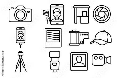 Pride Parade Icons. Outline icon set of pride parade photography: camera, phone with pride selfie, photo booth