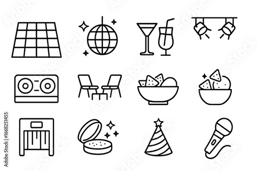 Pride Parade Icons. Outline icon set of pride parade afterparty: dance floor, disco ball, cocktails, mocktails
