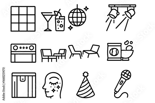Pride Parade Icons. Outline icon set of pride parade afterparty: dance floor, disco ball, cocktails, mocktails