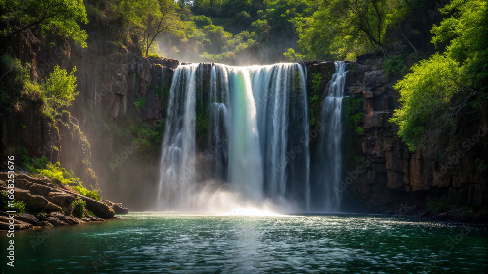Obraz premium Powerful Waterfall Cascading into a Turquoise Pool Surrounded by Lush Greenery cascade nature