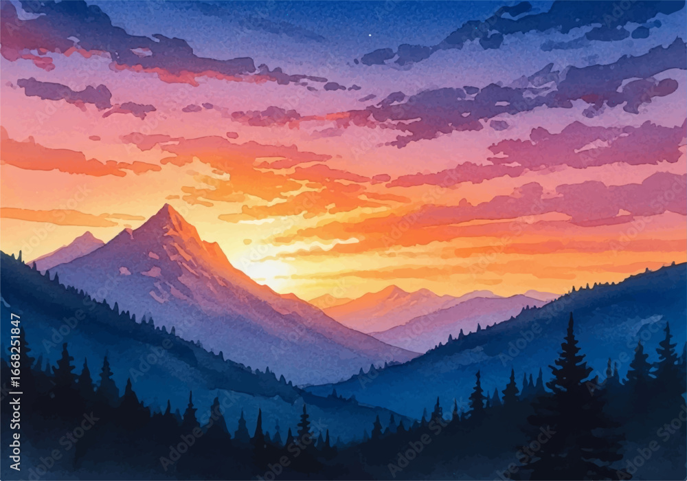 Obraz premium Sunset Over Majestic Mountain Peaks Illustration