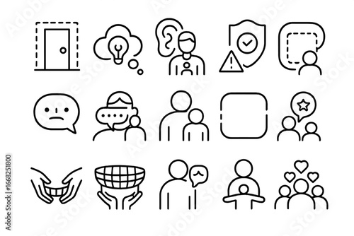 Psychological Safety Icons. Outline icon set of psychological safety at work: safe space, idea bubble,