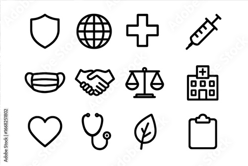 Public Health Icons. Outline icon set of public health ethics: shield, globe, medical cross, syringe, mask,